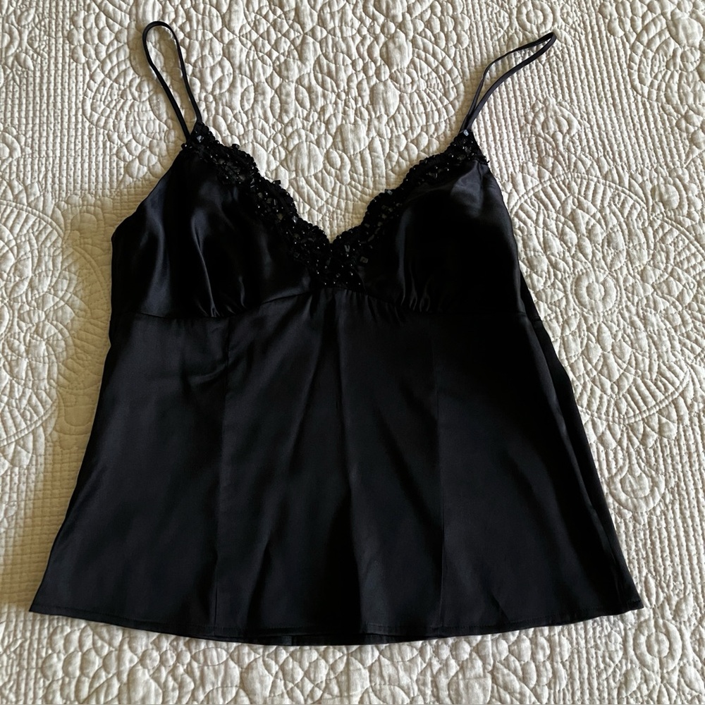 EUC Bebe black silk cami with lace & beaded embellishments